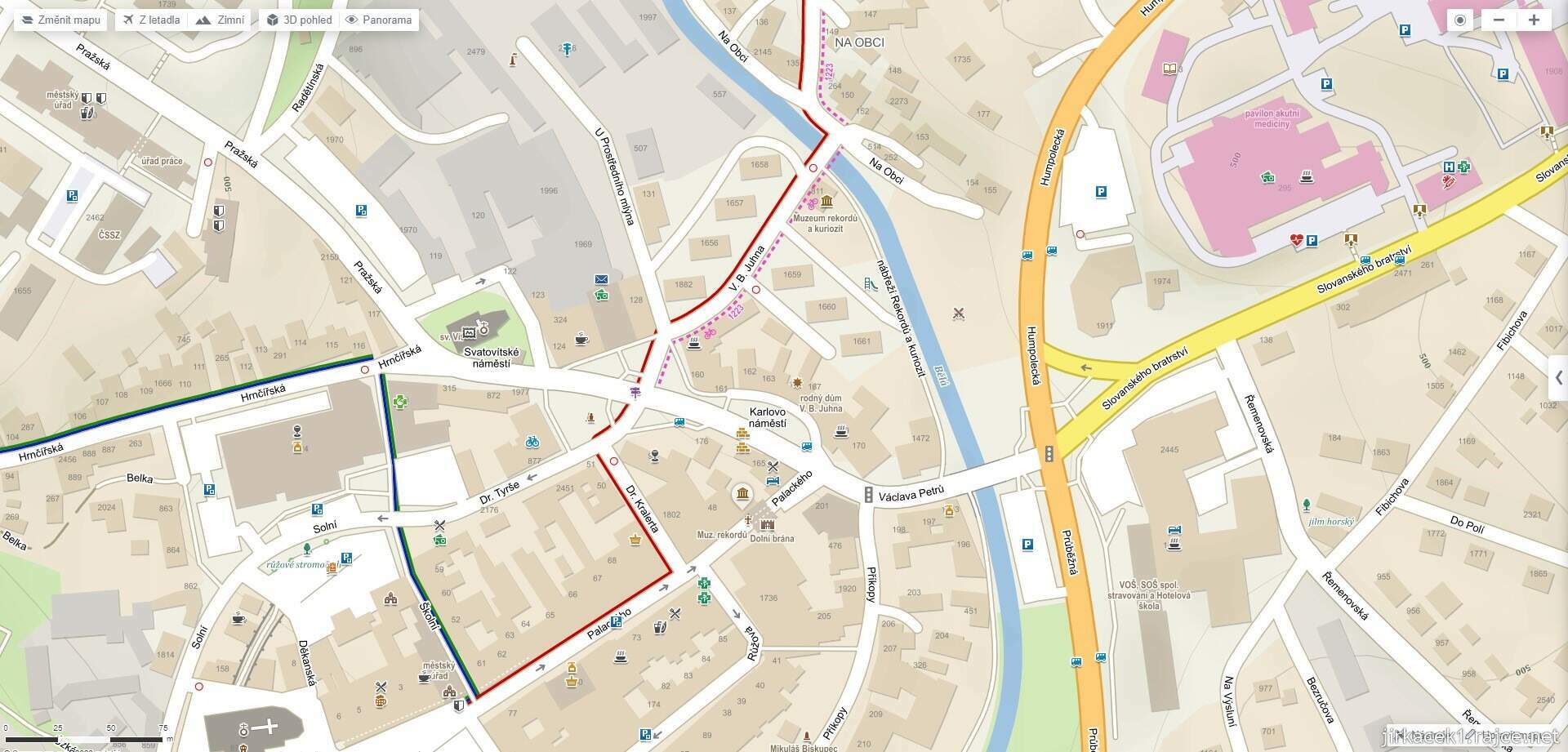 Pelhřimov - muzeum rekordů a kuriozit - mapa s oběma budovami